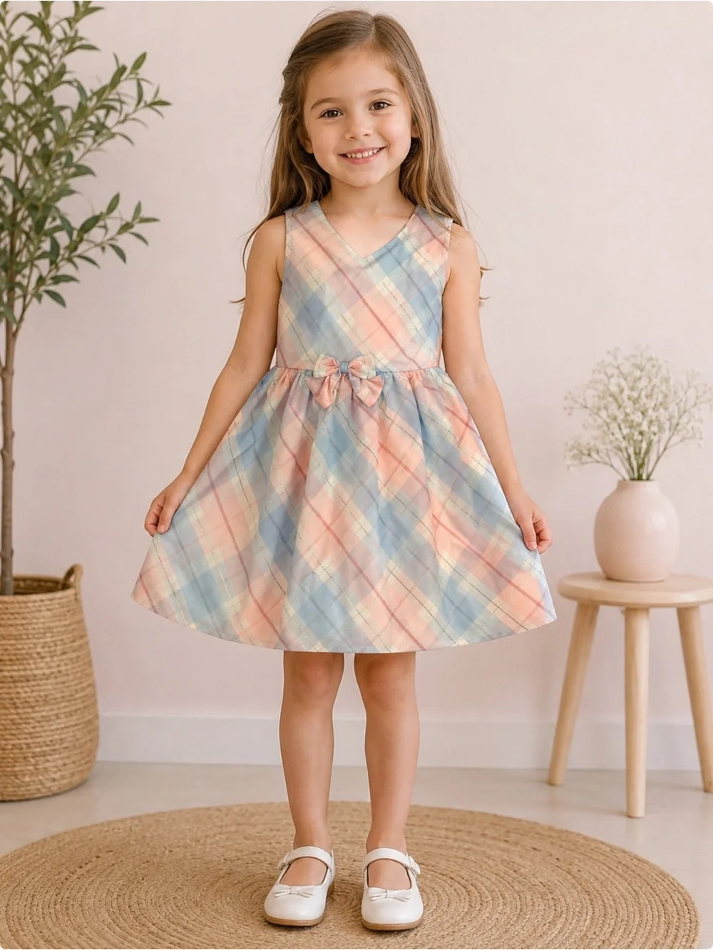 Tahari Girls Pastel Plaid V-Neck Dress in Blue, Peach & Cream